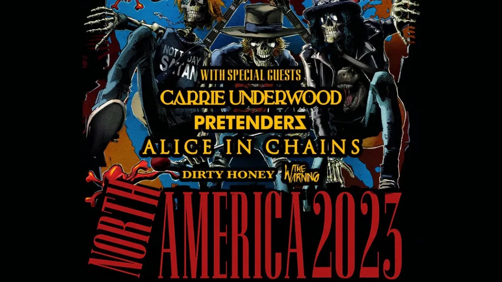 Guns N' Roses concert tour poster 2023 featuring Alice in Chains, Pretenders, and Carrie Underwood