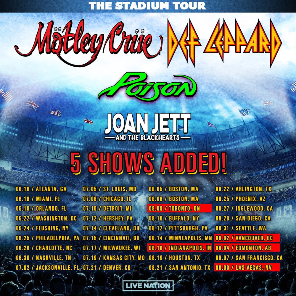 Poison, Motley Crue, Def Leppard, and Joan Jett and the Blackhearts co-headline Stadium Tour across North America this summer