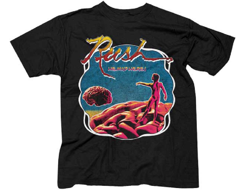Men's vintage Rush t-shirt features a rendering of the Hemispheres album cover artwork from 1978, with lyrical and musical elements that had been previously featured in other Rush albums