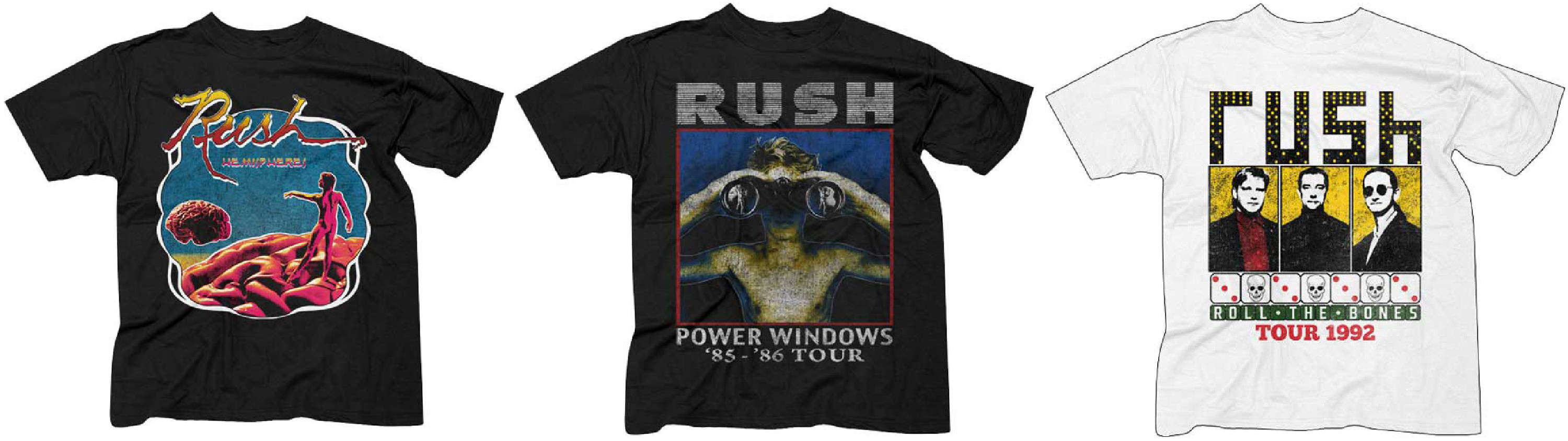 New Rush t-shirts featuring classic album cover artwork and tour designs are now available, including Hemispheres, Power Windows, and Roll the Bones