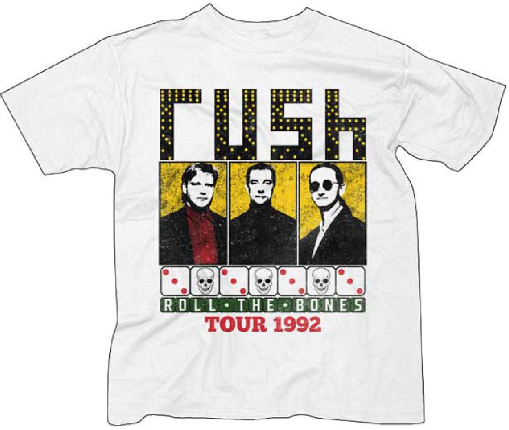 This vintage Rush concert t-shirt is from the band's 1992 leg of their 1991-1992 Roll the Bones Tour, which was performed to promote their album of the same name, released in 1991