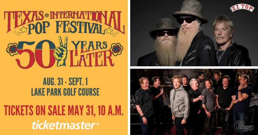 The Texas International Pop Festival celebrates its 50th anniversary with a 2-day concert festival titled Texas Pop Turns 50, featuring ZZ Top and Chicago as headliners, and the return of Grand Funk Railroad, who performed at the original festival